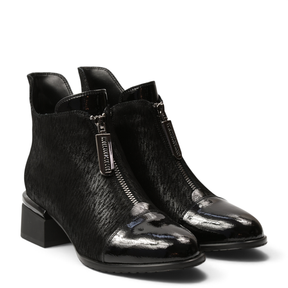 ada-shoes.ro black leather ankle boots with patent toe, textured shaft, and decorative front zipper with block heel