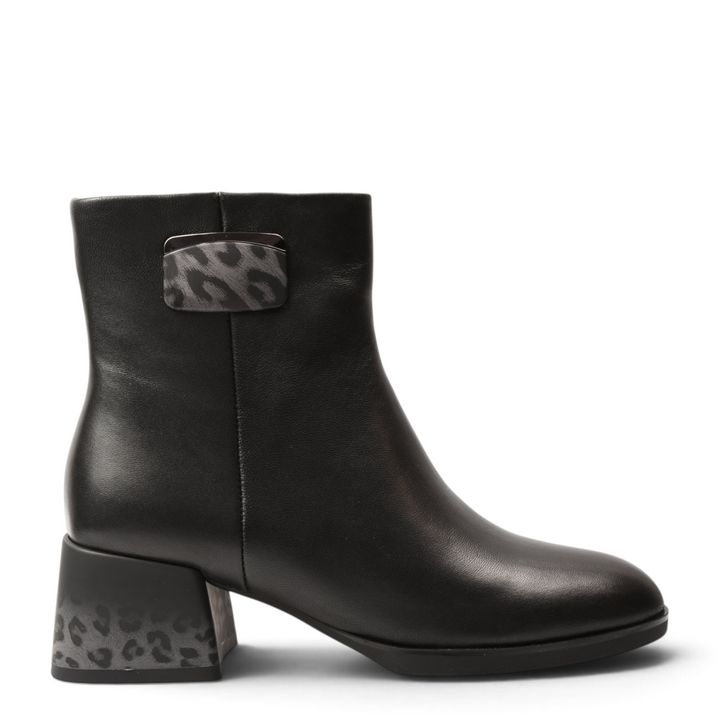 ada-shoes.ro black leather ankle boots with leopard print block heel and decorative side plate
