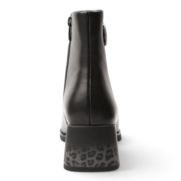 ada-shoes.ro black leather ankle boots with a block heel featuring a leopard print detail, back view