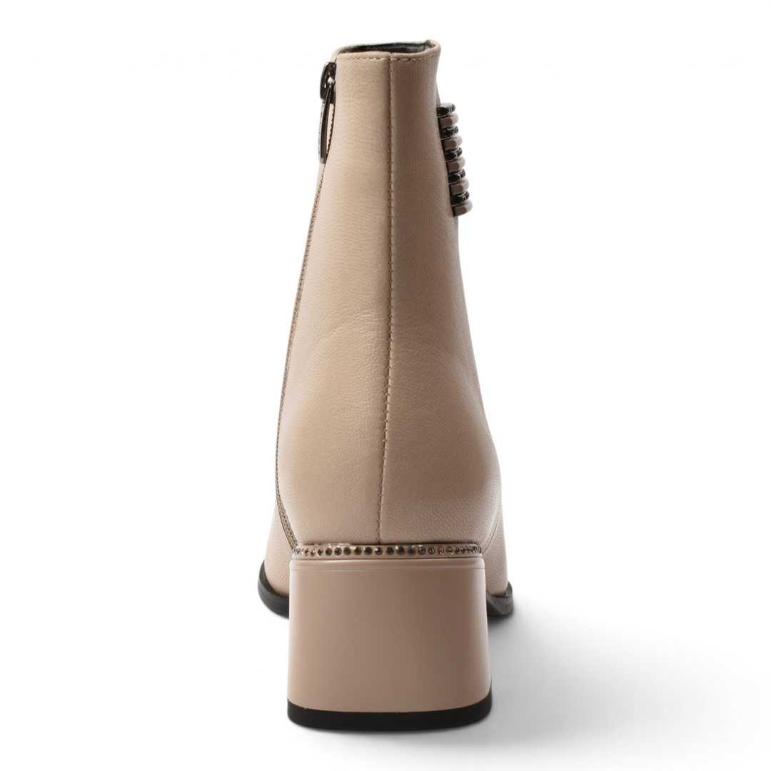 ada-shoes.ro beige leather ankle boots with a block heel, side zipper, and decorative metallic crystal detail