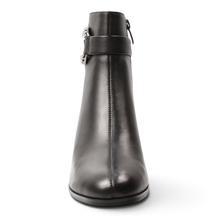 ada-shoes.ro Epica black leather ankle boots with a silver buckle strap and side zipper, front view.