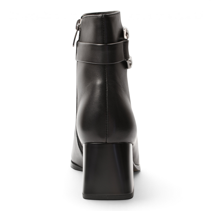 ada-shoes.ro Epica black leather ankle boots with a block heel and silver buckle detail, rear view