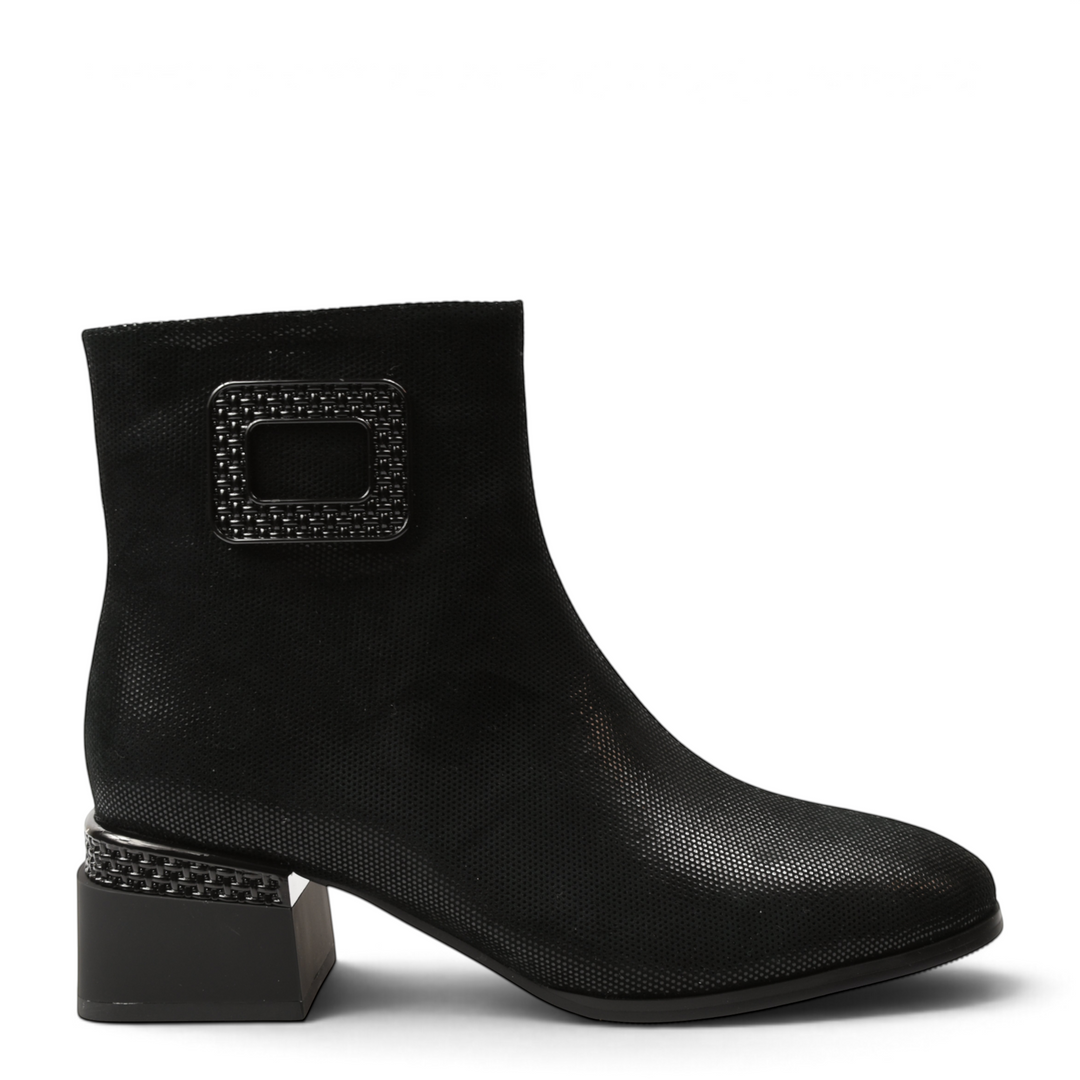 ada-shoes.ro black leather ankle boots with a textured buckle and decorative block heel for a sophisticated look.