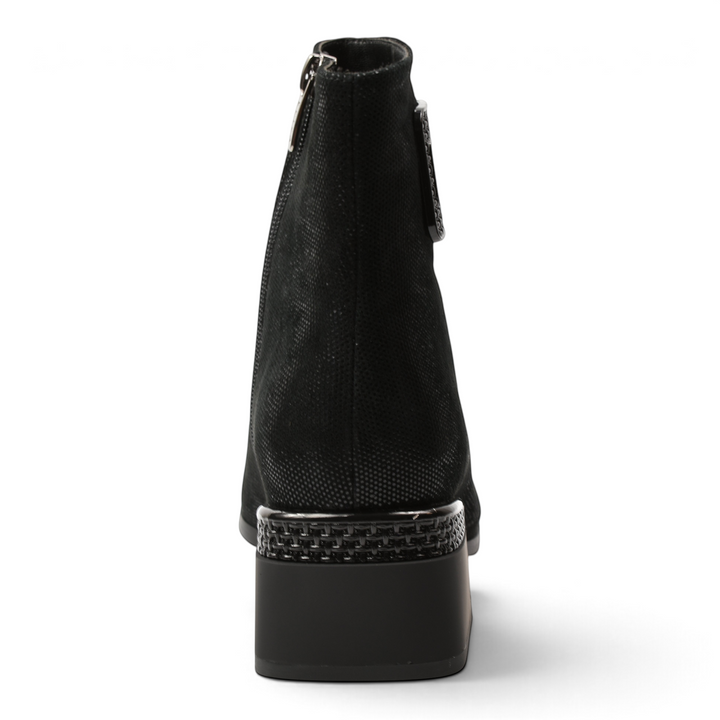 ada-shoes.ro black leather ankle boots with a textured heel ornament and side buckle, rear view