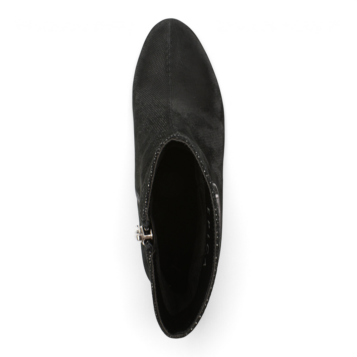 Top view of black leather Epica ankle boots with micro-textured finish and side zipper closure