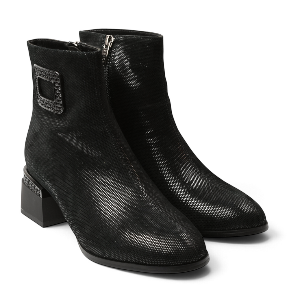 ada-shoes.ro Epica black leather ankle boots with micro-textured finish, decorative buckle, and mid-block heel