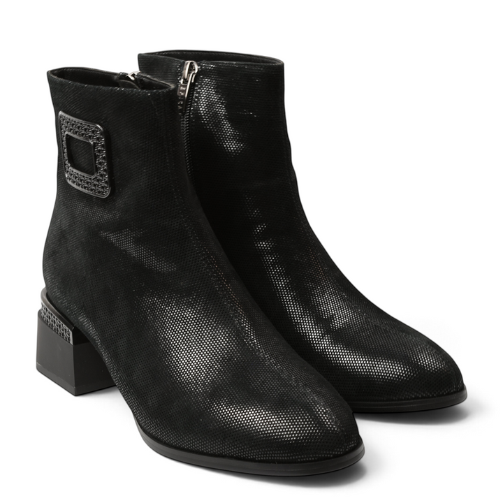ada-shoes.ro Epica black leather ankle boots with micro-textured finish, decorative buckle, and mid-block heel