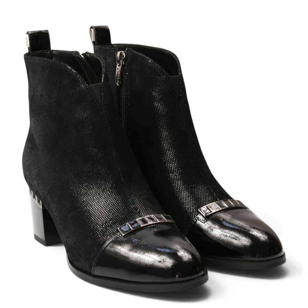 ada-shoes.ro Epica black leather ankle boots with patent toe, silver metallic accents, and a mid-block heel.