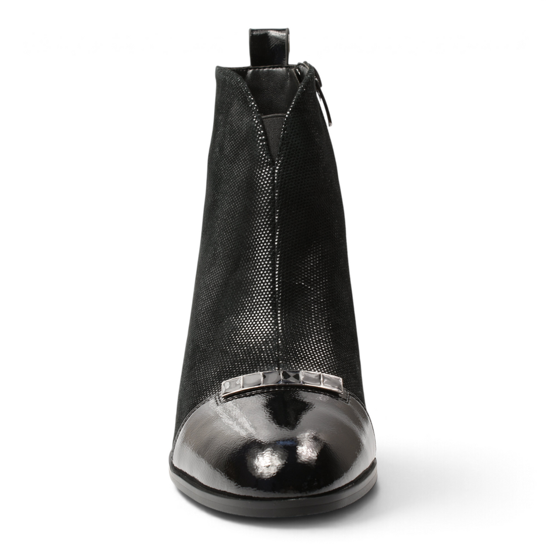 ada-shoes.ro Epica black leather ankle boots with patent toe, silver metal accent, and textured finish