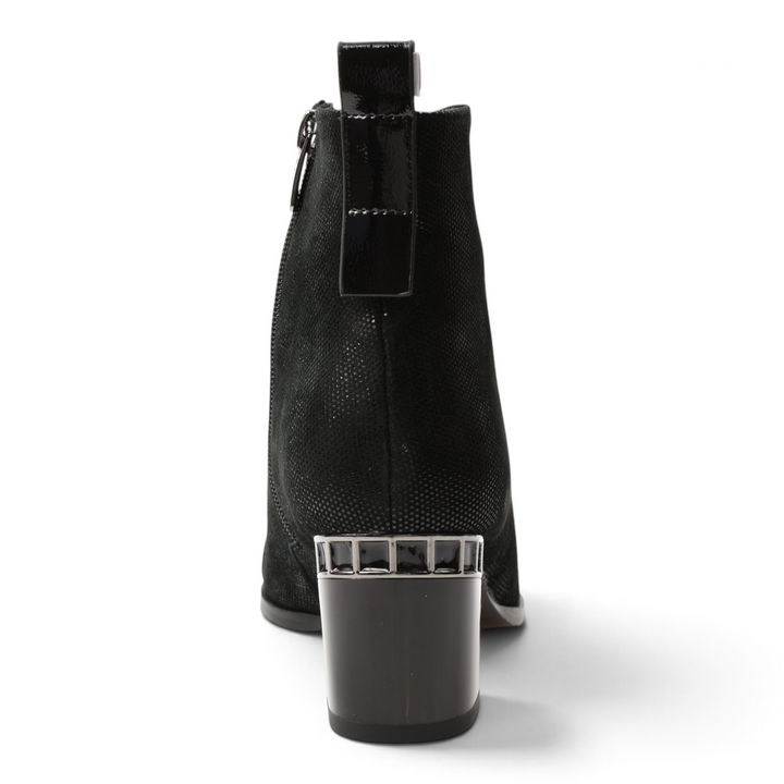 ada-shoes.ro Epica black leather ankle boots featuring a block heel with geometric silver metal detailing, rear view.