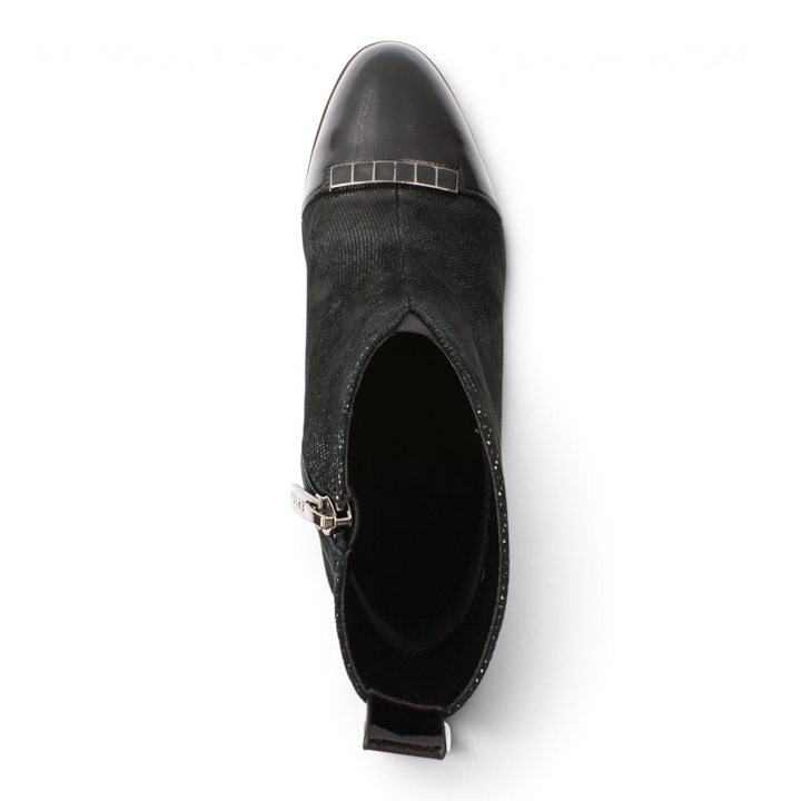 ada-shoes.ro Epica black leather ankle boots with patent toe cap and silver metallic detail, top view