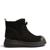 ada-shoes.ro black suede ankle boots with a thick rubber sole and side pull tab, side view