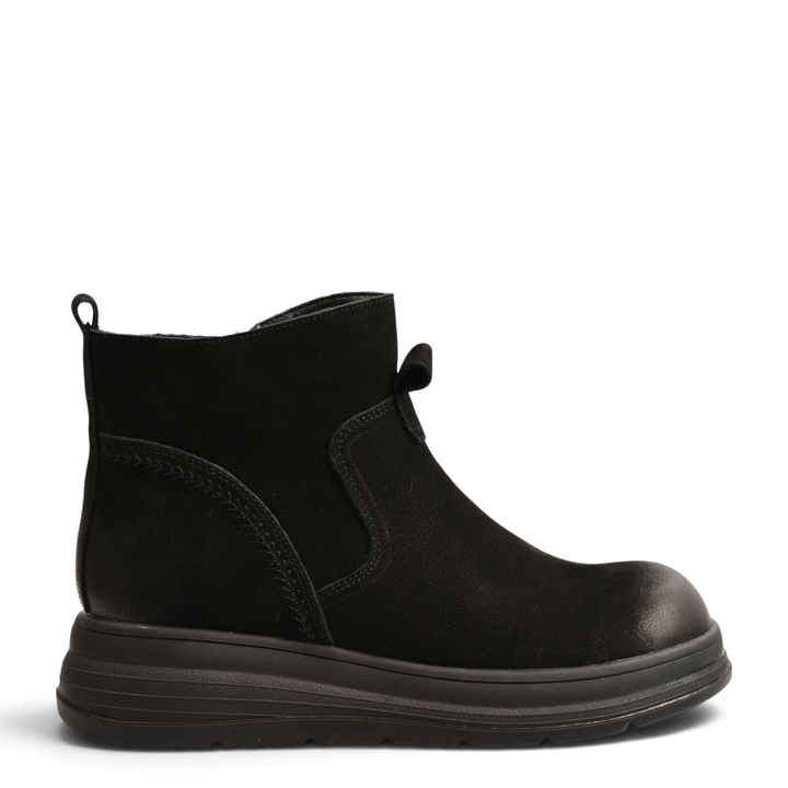 ada-shoes.ro black suede ankle boots with a thick rubber sole and side pull tab, side view
