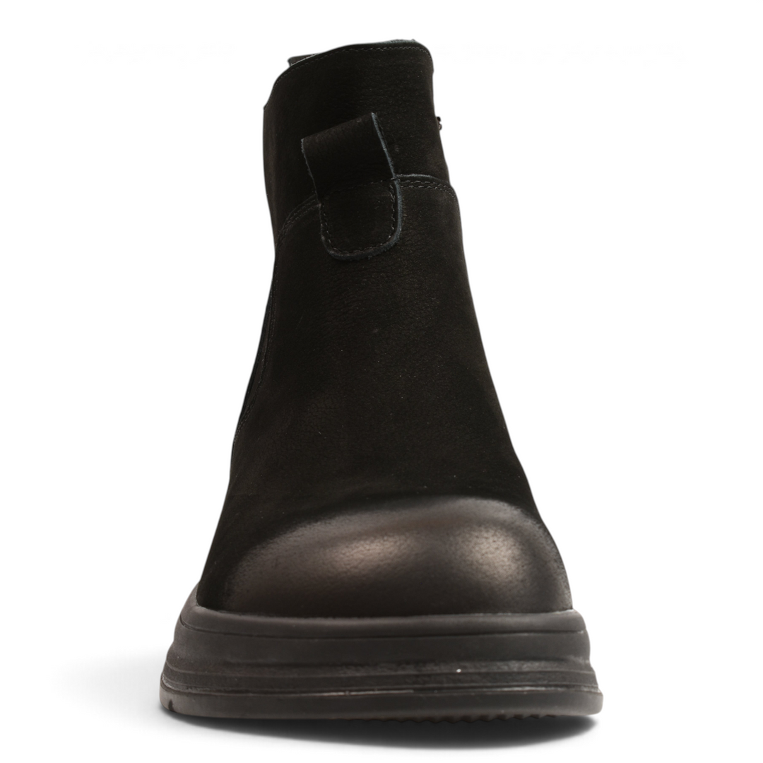 ada-shoes.ro black suede ankle boots with a rounded toe and thick rubber sole, front view