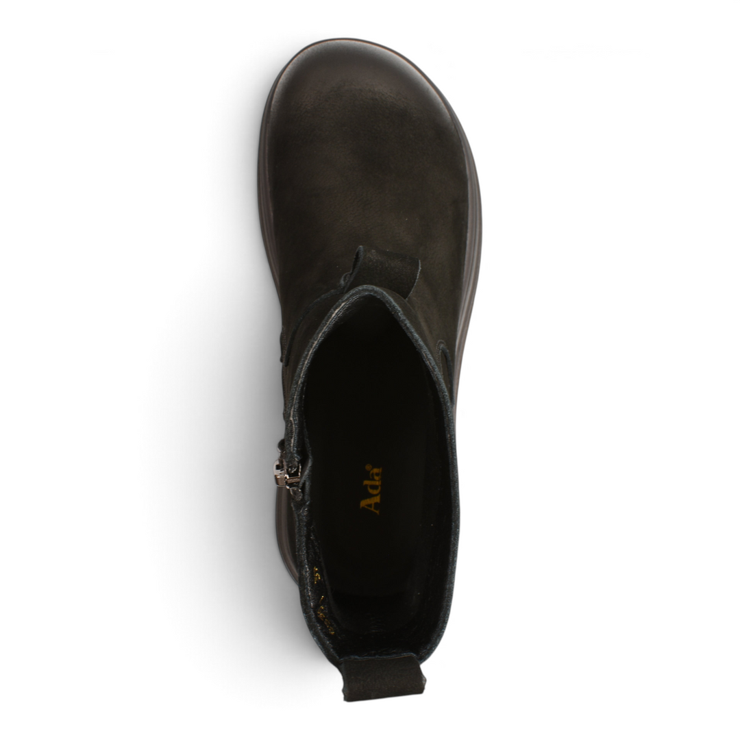 Top view of black leather ankle boots from ada-shoes.ro with a rounded toe and side zipper closure