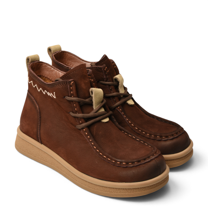 ada-shoes.ro brown nubuck leather casual ankle boots with lace-up closure and thick beige rubber sole