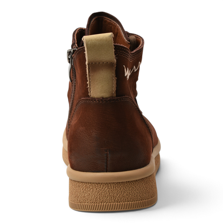 ada-shoes.ro brown nubuck leather casual boots with side zipper and textured rubber sole, rear view