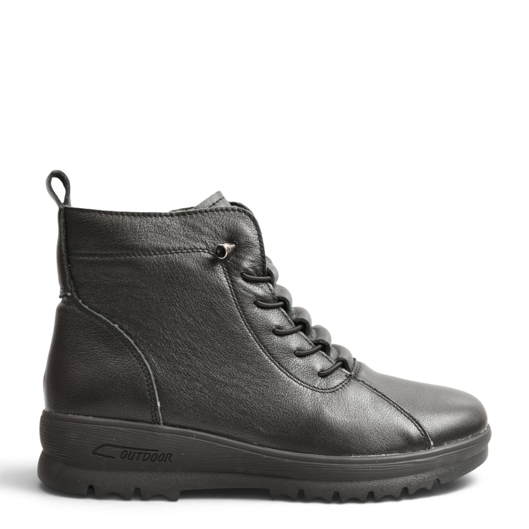 ada-shoes.ro black leather casual boots with quilted front, elastic laces, and durable outdoor sole, side view