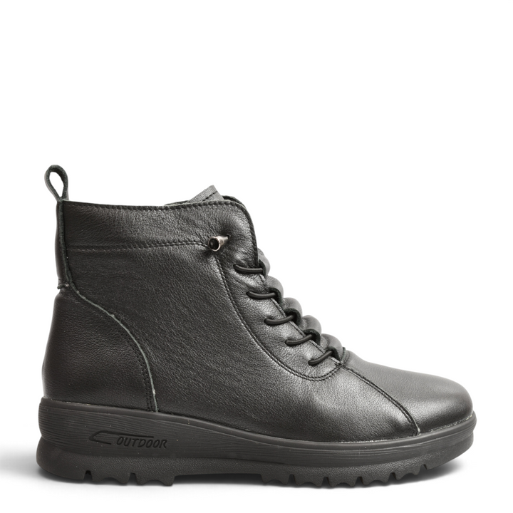 ada-shoes.ro black leather casual boots with quilted front, elastic laces, and durable outdoor sole, side view