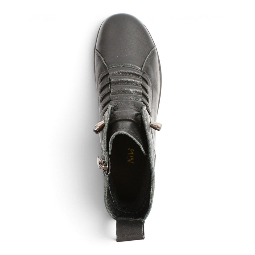 Top view of black leather Ada Shoes 5851-N casual boots with quilted front detail and side zipper.