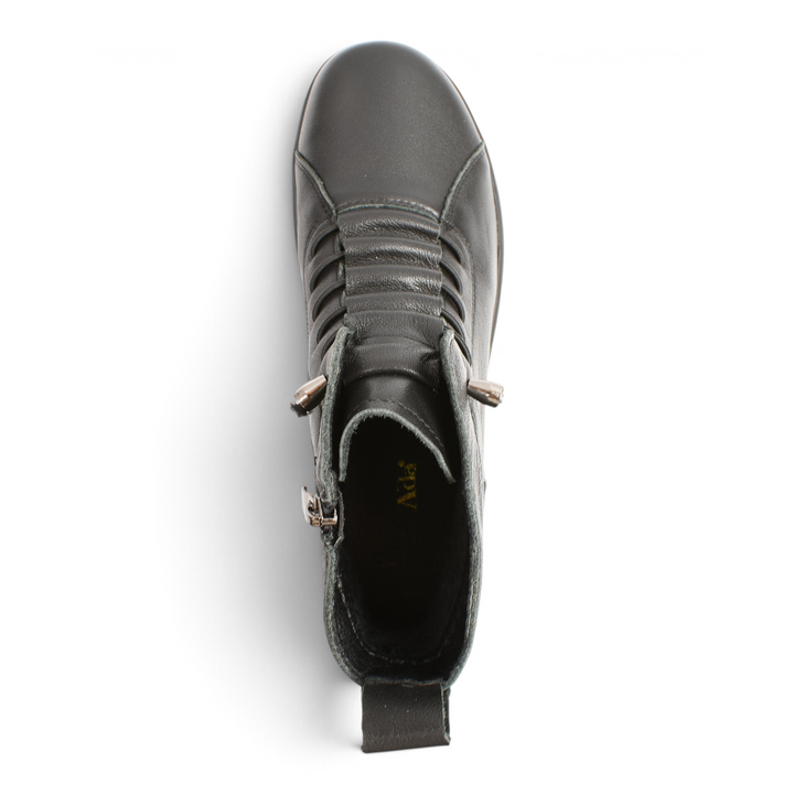 Top view of black leather Ada Shoes 5851-N casual boots with quilted front detail and side zipper.