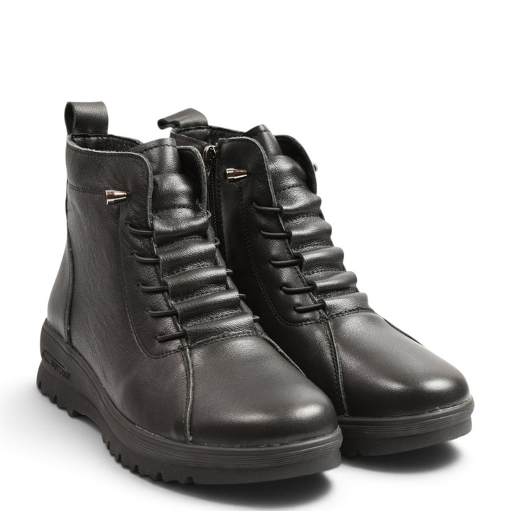 ada-shoes.ro black leather casual boots with quilted front, elastic laces, side zipper, and outdoor rubber sole.