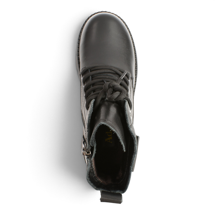 ada-shoes.ro black leather casual ankle boots with quilted front detail, elastic laces, and side zipper