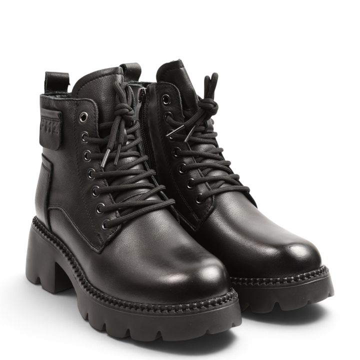 ada-shoes.ro black leather casual boots with quilted front detail, elastic laces, side zipper, and chunky outdoor sole