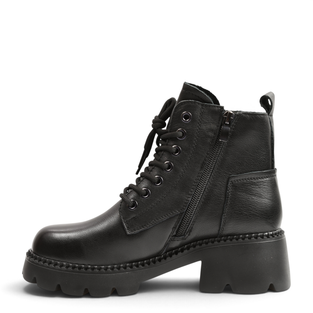 ada-shoes.ro black leather casual boots with side zipper, quilted front detail, and chunky outdoor lug sole