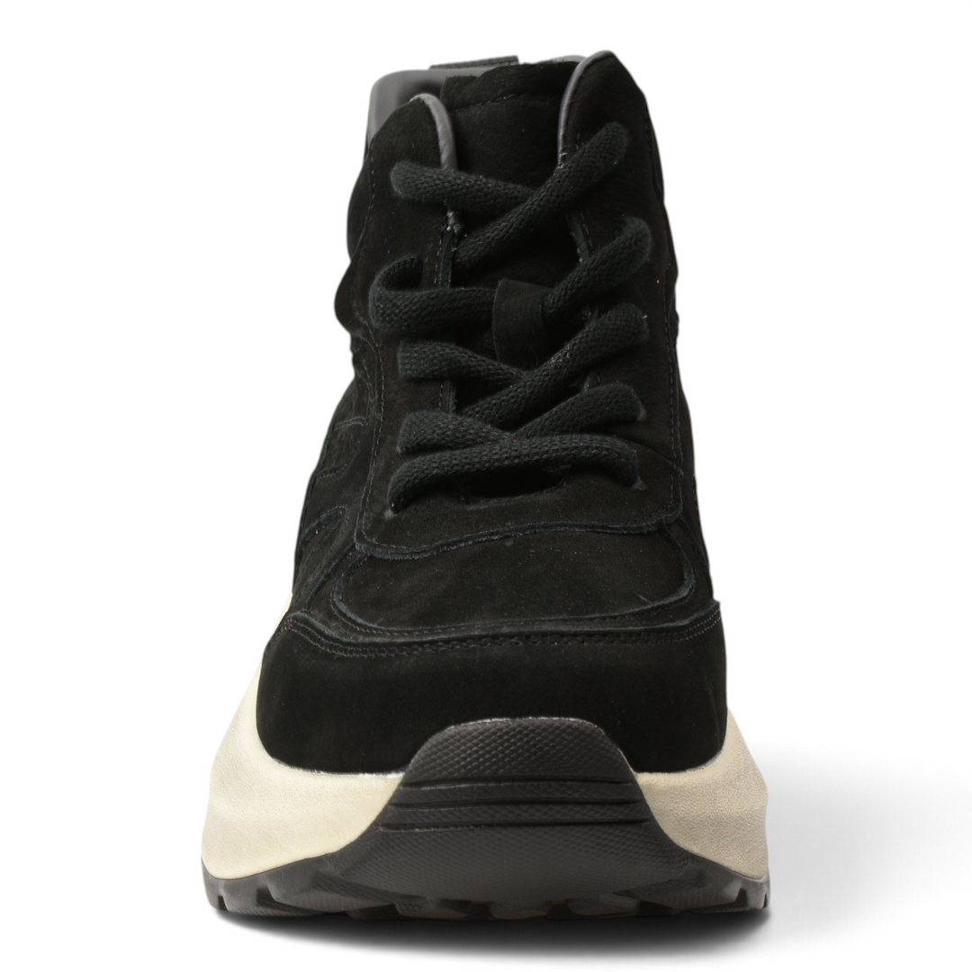 ada-shoes.ro black suede sneaker boots with thick cream platform sole and tubular laces, front view