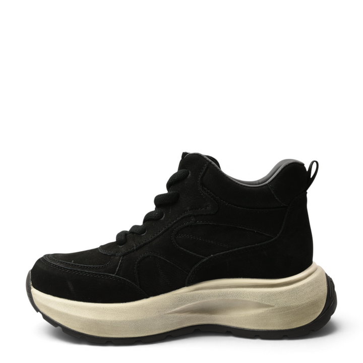 ada-shoes.ro black suede sneaker boots with a thick cream platform sole and padded ankle collar for women