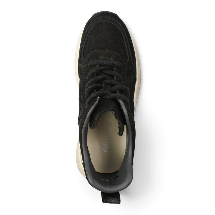 ada-shoes.ro black suede sneaker boots with thick cream platform sole and lace-up closure, top view