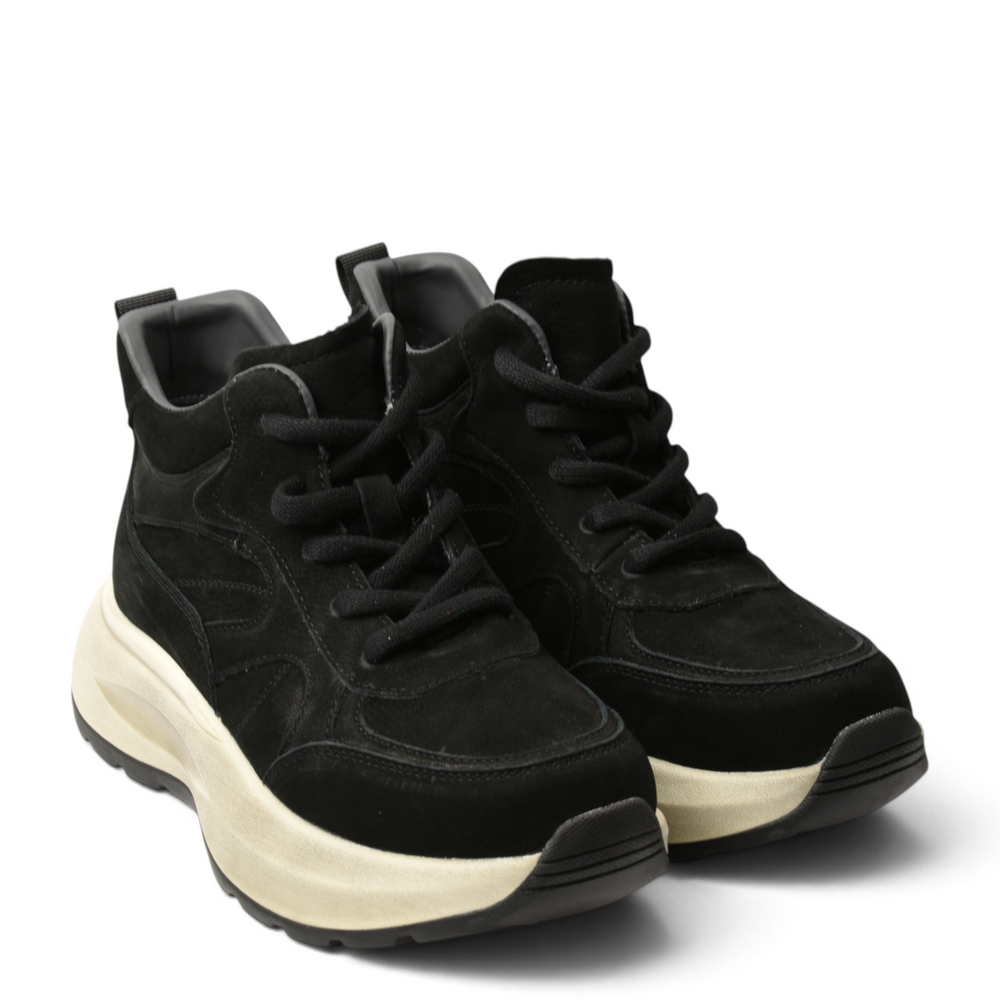 ada-shoes.ro Feeling 8758-N black suede sneaker boots with thick cream platform soles and lace-up closure