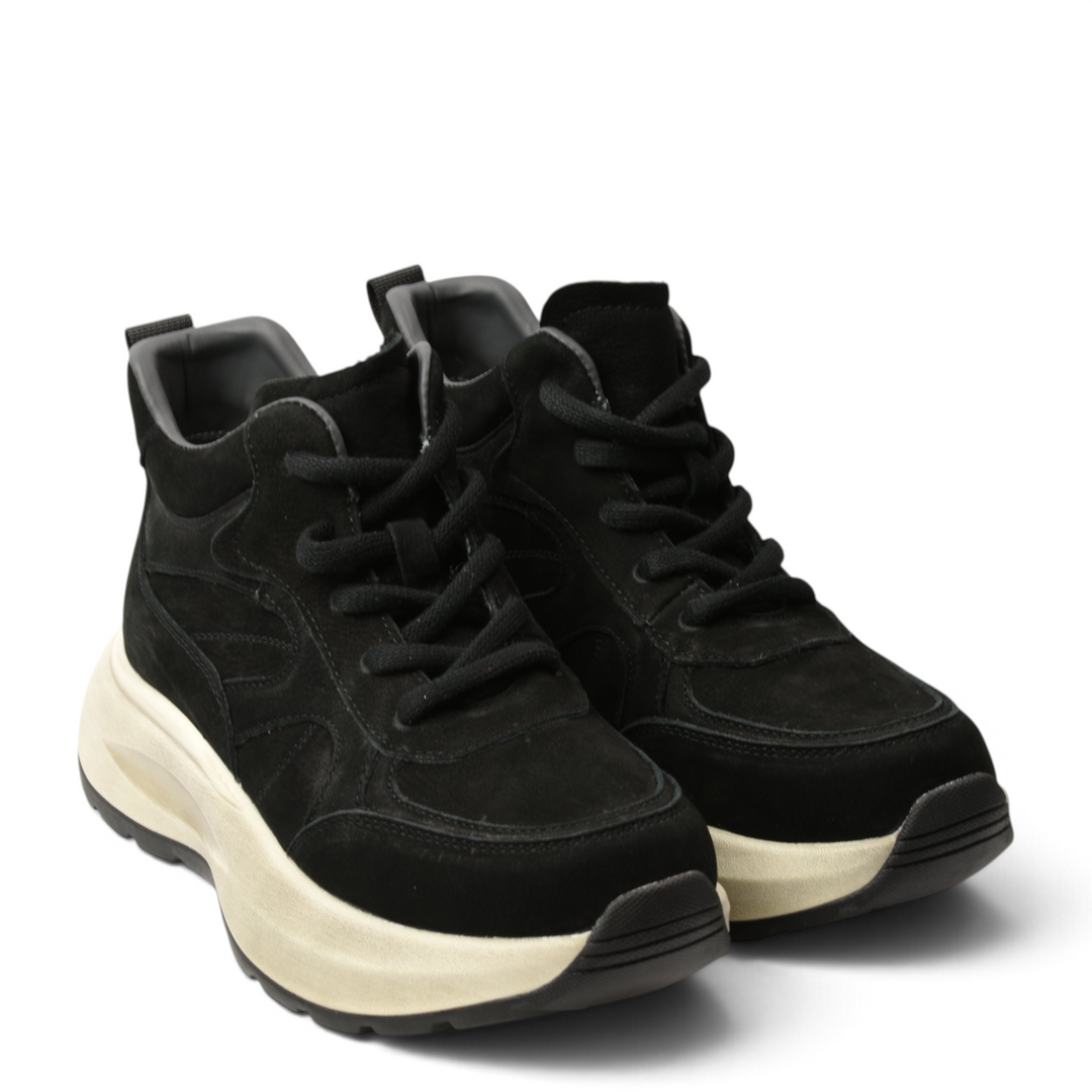 ada-shoes.ro Feeling 8758-N black suede sneaker boots with thick cream platform soles and lace-up closure