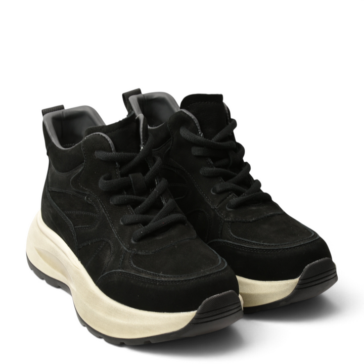 ada-shoes.ro Feeling 8758-N black suede sneaker boots with thick cream platform soles and lace-up closure
