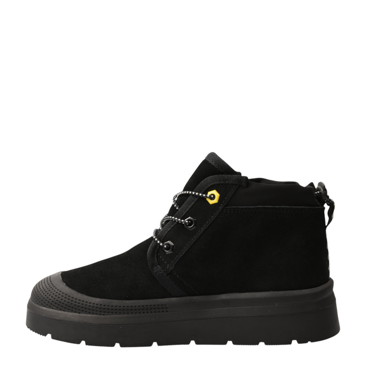 ada-shoes.ro Feeling black suede ankle boots with thick rubber soles, trekking laces, and yellow eyelet details.