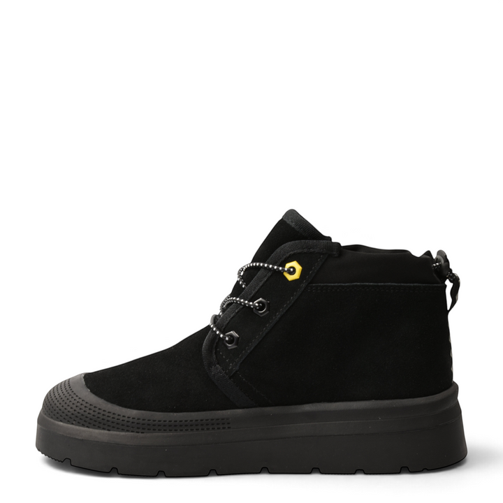 ada-shoes.ro Feeling black suede ankle boots with thick rubber soles, trekking laces, and yellow eyelet details.