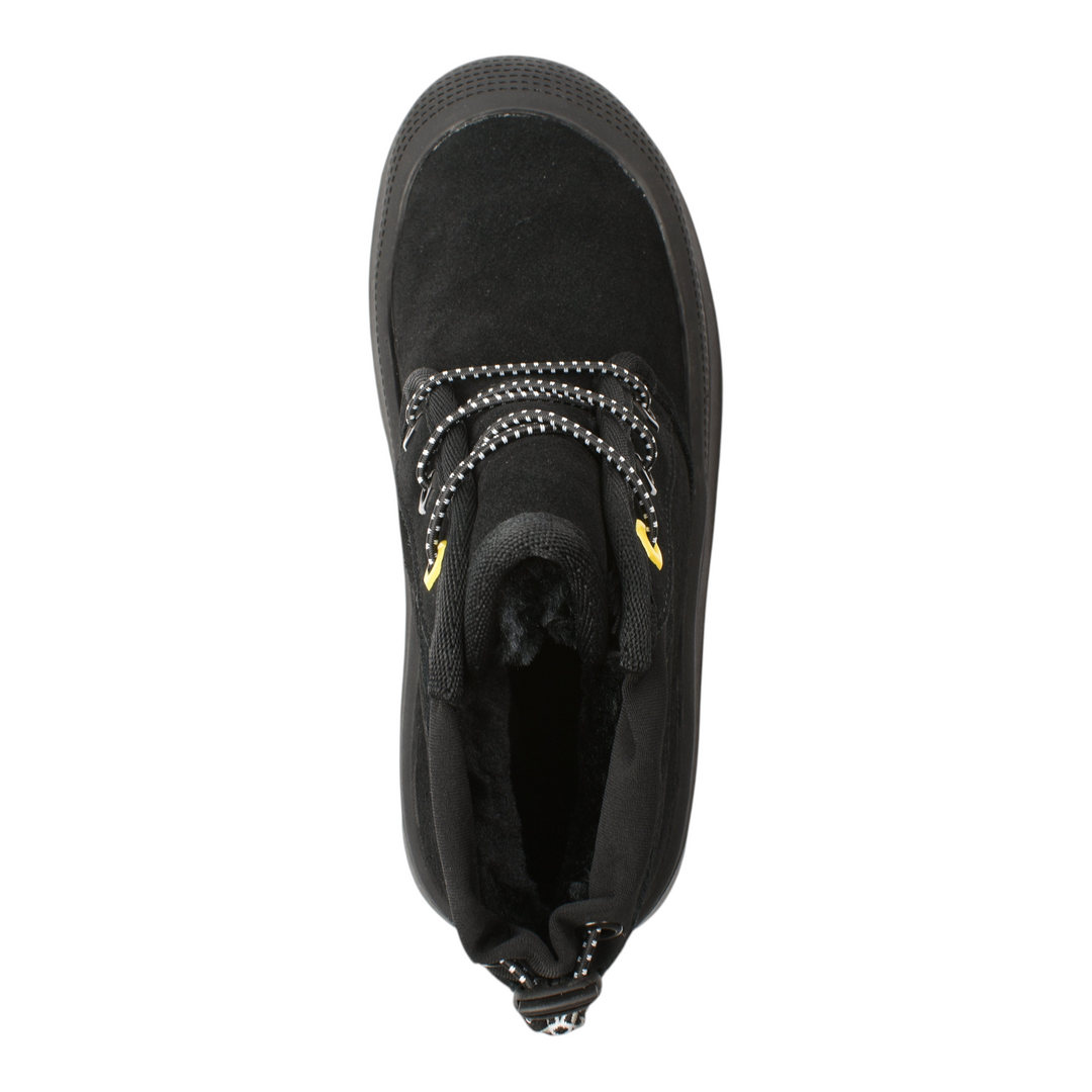 Top view of black suede Feeling UG-1-N ankle boots from ada-shoes.ro with trekking laces and thick rubber soles.