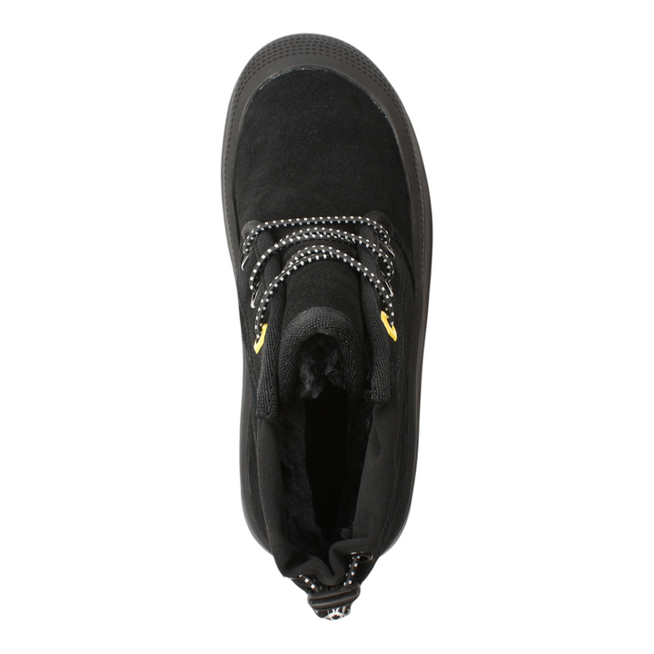 Top view of black suede Feeling UG-1-N ankle boots from ada-shoes.ro with trekking laces and thick rubber soles.