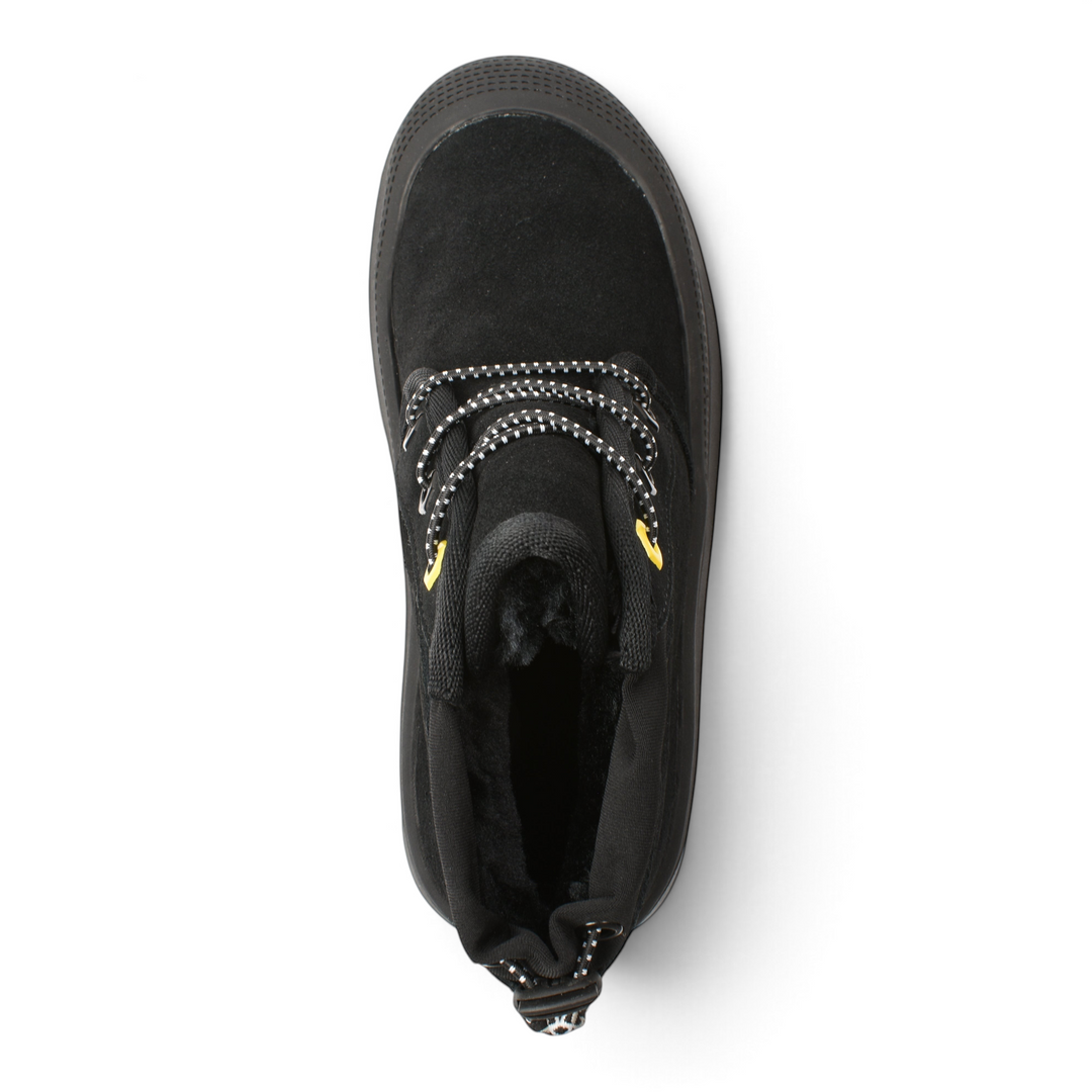 Top view of black suede Feeling UG-1-N ankle boots from ada-shoes.ro with trekking laces and thick rubber soles.