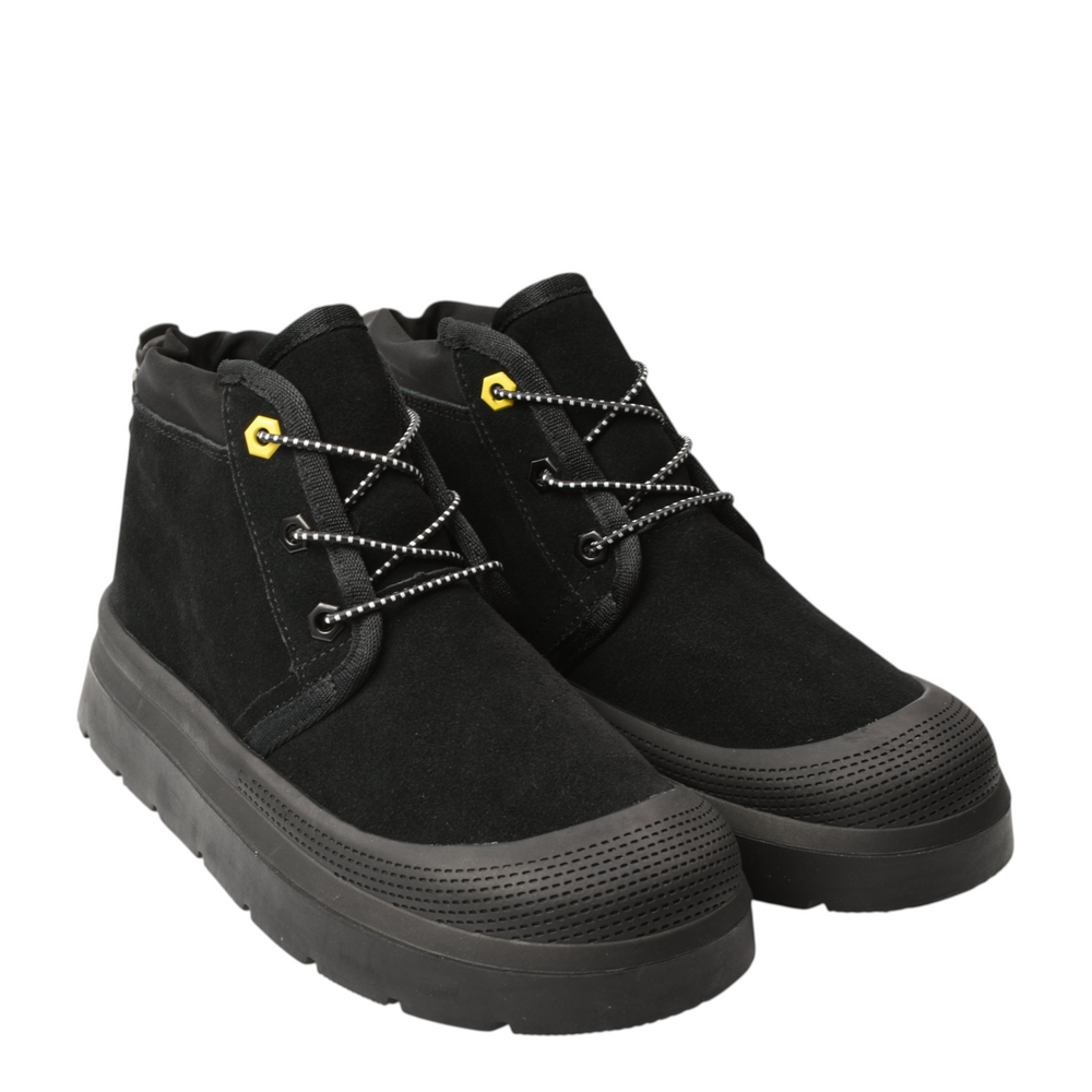 ada-shoes.ro black suede ankle boots with thick rubber soles, trekking laces, and yellow eyelet accents