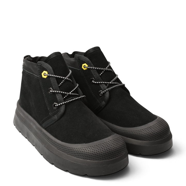 ada-shoes.ro black suede ankle boots with thick rubber soles, trekking laces, and yellow eyelet accents