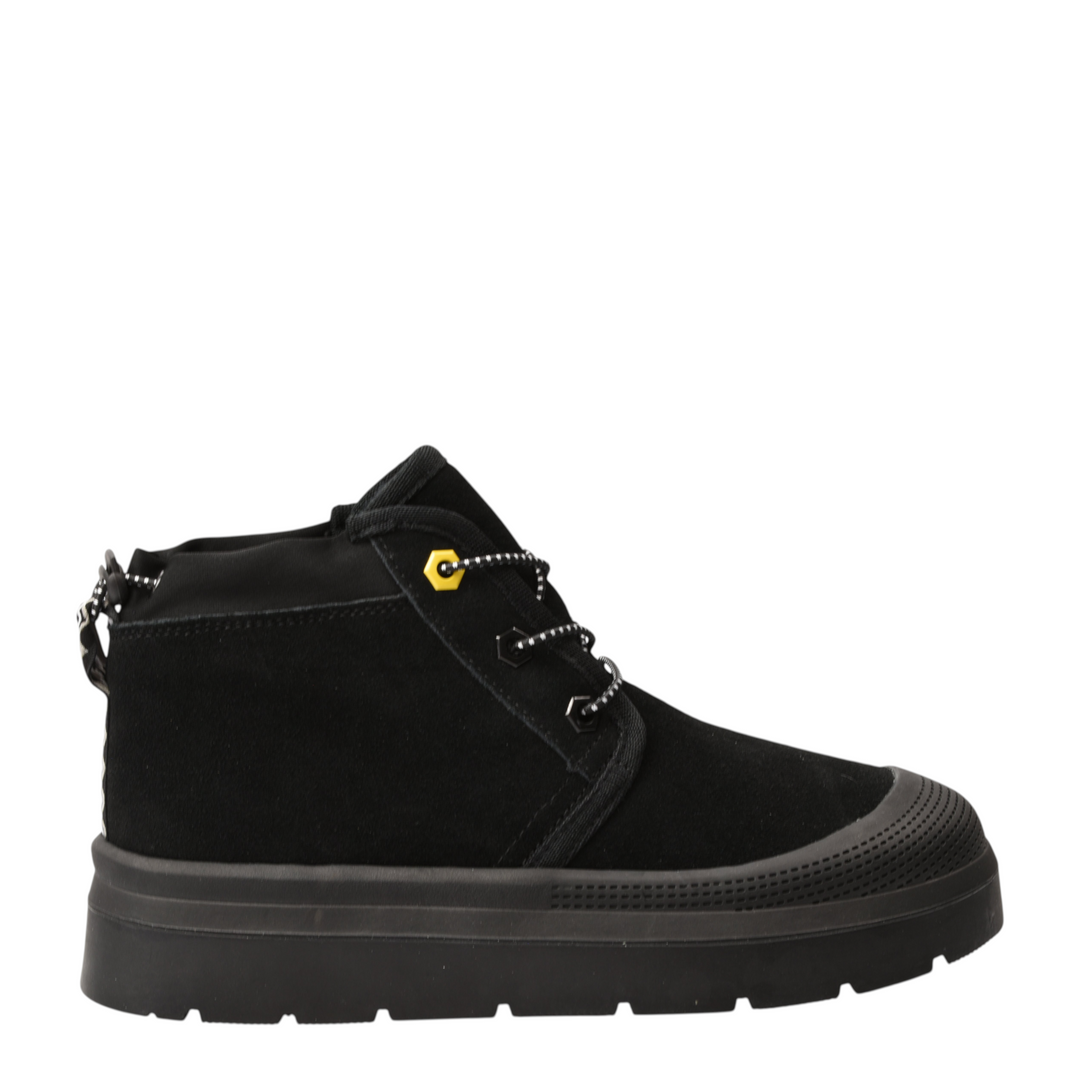 ada-shoes.ro black suede ankle boots with thick platform sole, textured toe cap, and yellow eyelet detail
