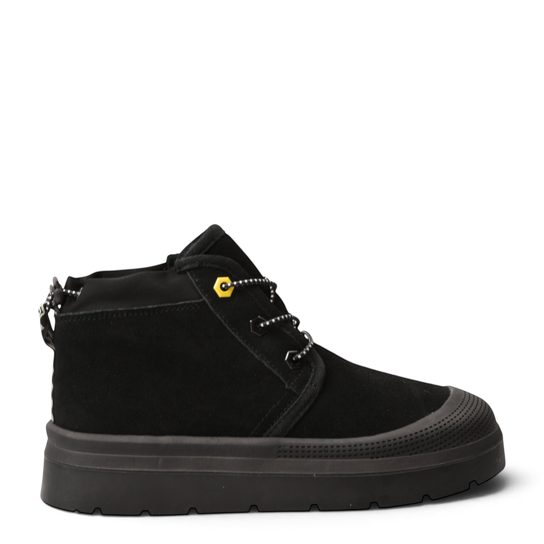 ada-shoes.ro black suede ankle boots with thick platform sole, textured toe cap, and yellow eyelet detail