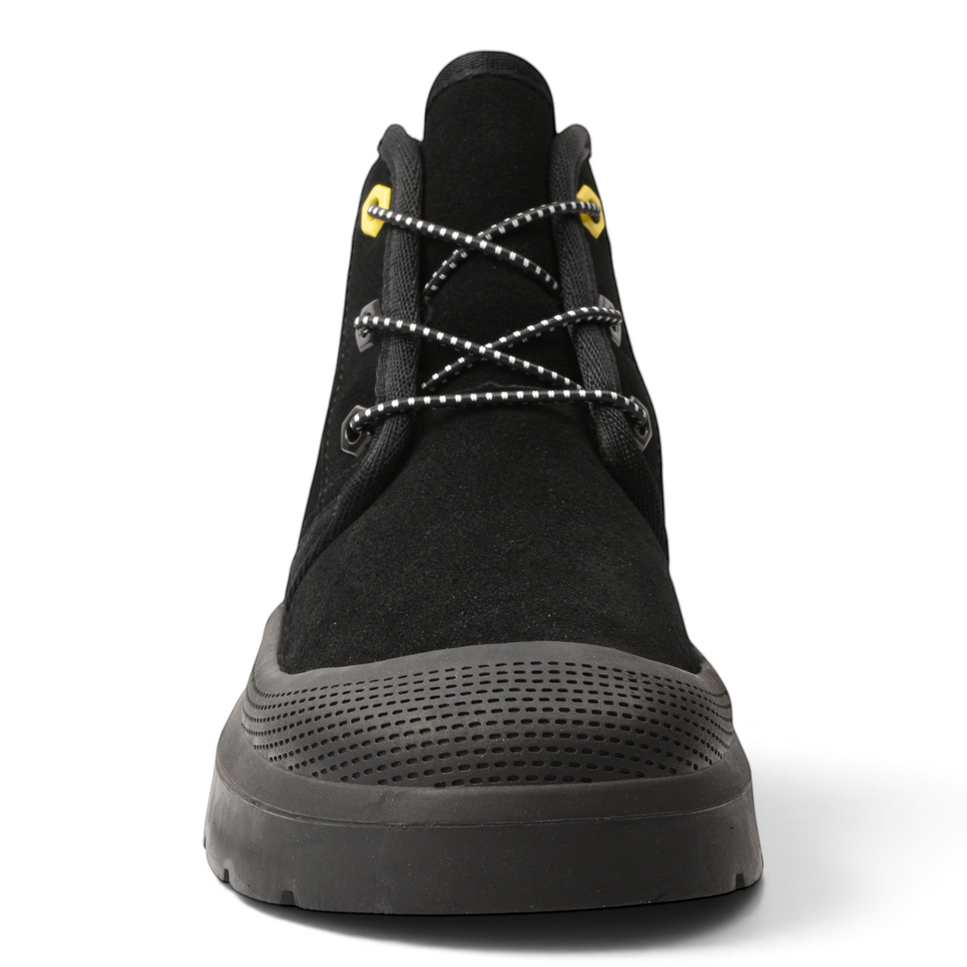 ada-shoes.ro Feeling UG-1-N black suede ankle boots with thick rubber soles and yellow eyelet details