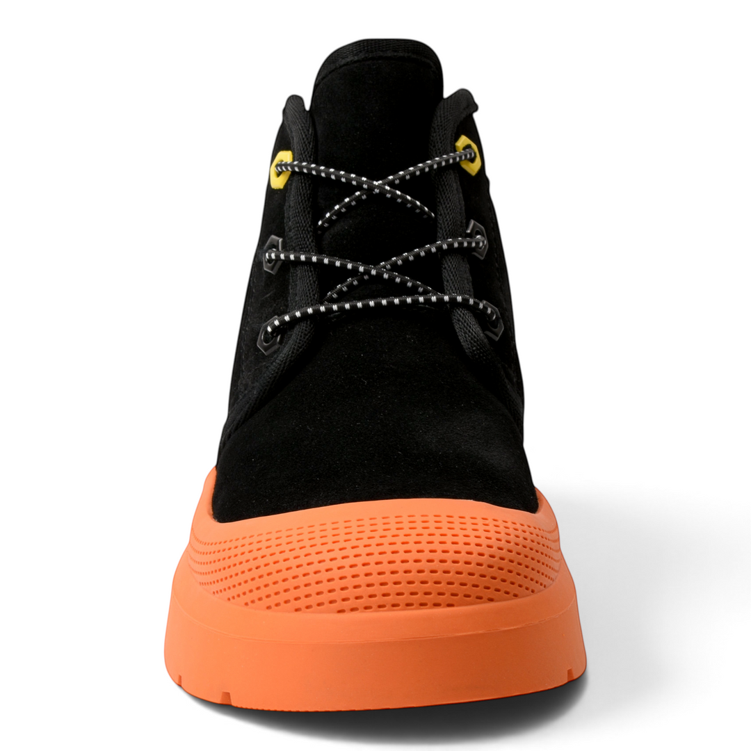 ada-shoes.ro Feeling black suede ankle boots with a vibrant orange textured sole and trekking-style laces.