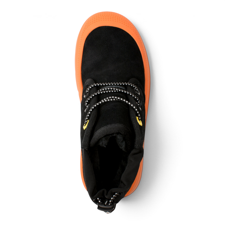 ada-shoes.ro black suede ankle boots with a vibrant orange sole and trekking laces, viewed from above.