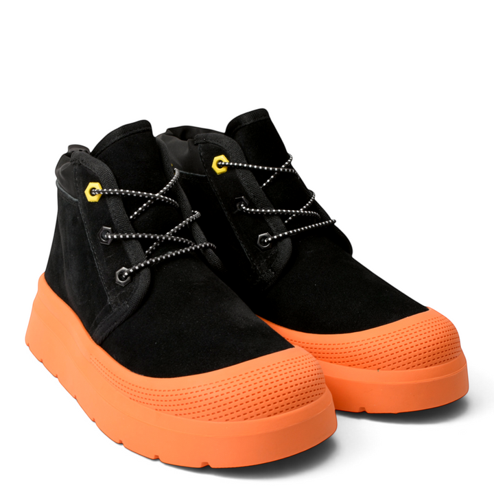 ada-shoes.ro black suede ankle boots with thick orange soles and trekking laces for a modern urban style