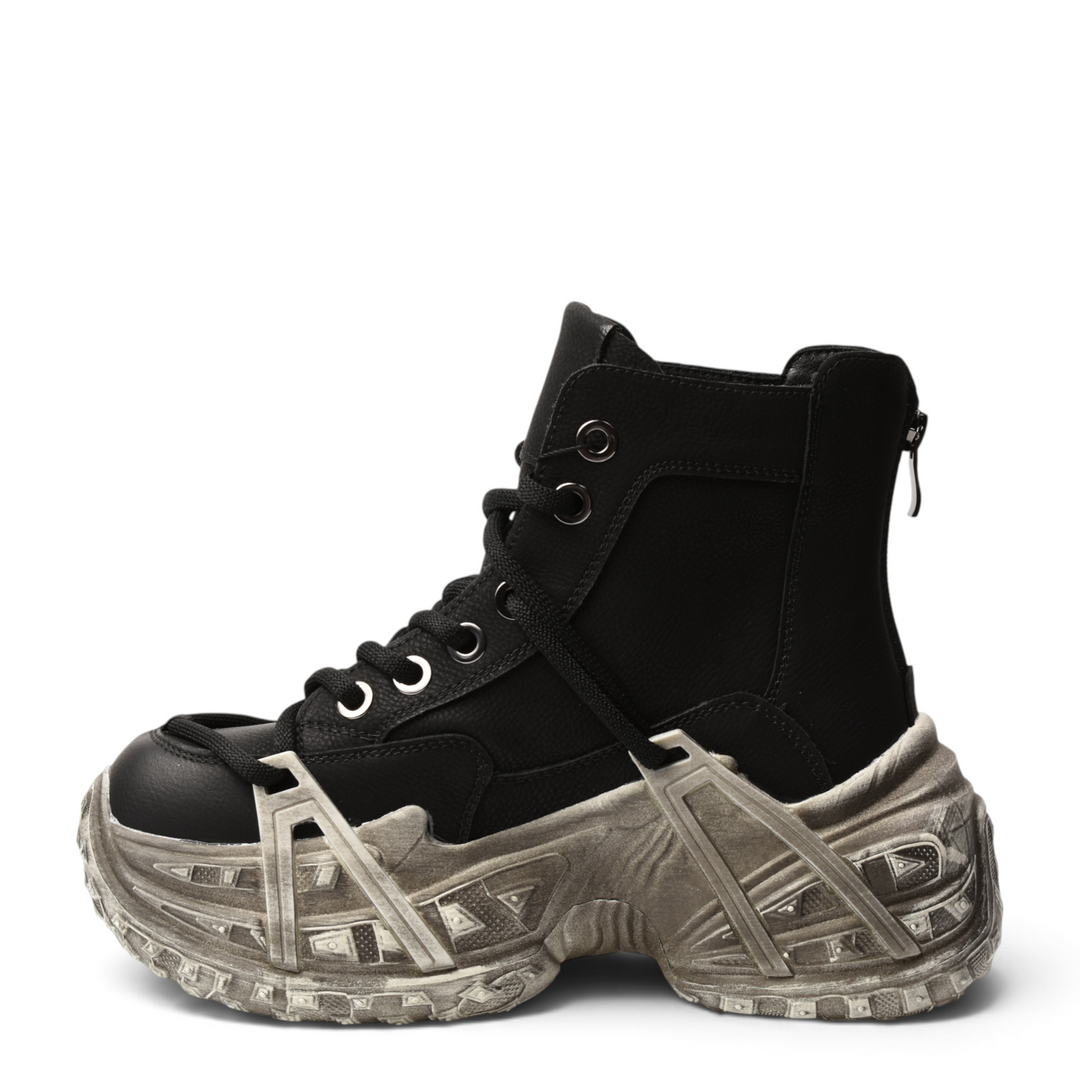 ada-shoes.ro Franco Gerardo black nubuck leather high-top sneakers with a chunky distressed platform sole
