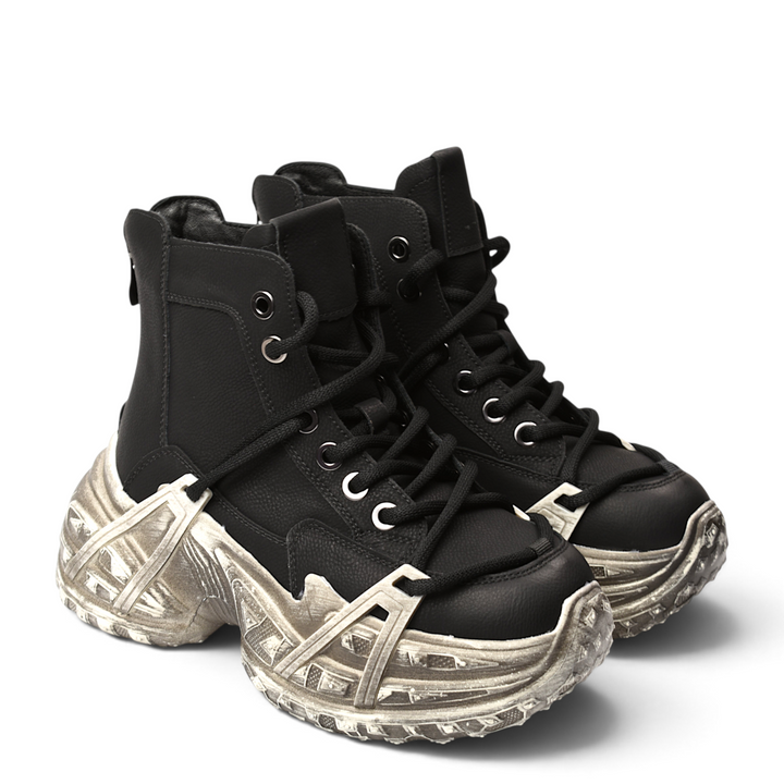 ada-shoes.ro Franco Gerardo black nubuck leather high-top sneakers with a chunky distressed platform sole